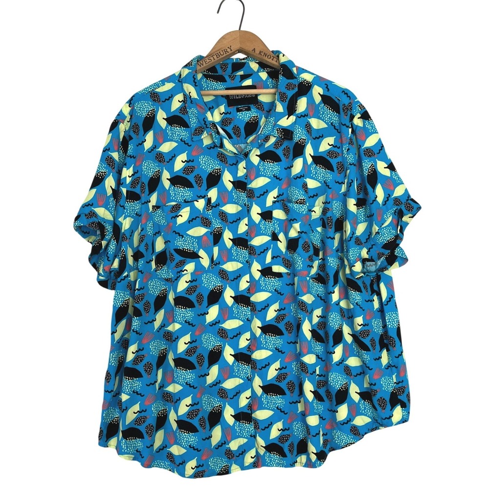 Wildfang The Empower SS Button Up Shirt Blue Abstract Print Rayon Plus Size 3X